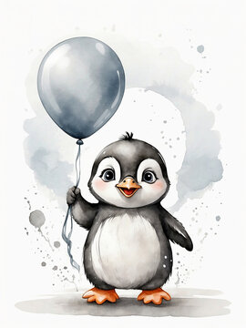 Penguin illustration holding a balloon