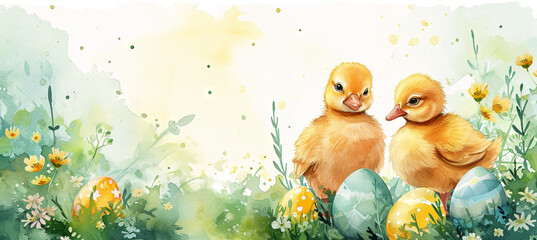 banner of watercolour illustration of little ducks with easter eggs - obrazy, fototapety, plakaty