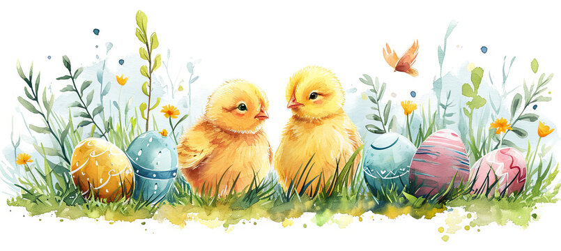 
Watercolor illustration featuring adorable chicks alongside Easter eggs, beautifully depicted in a banner.