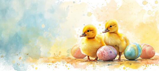 banner of watercolour illustration of little two ducks with easter eggs - obrazy, fototapety, plakaty
