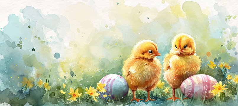 banner of watercolour illustration of little chikens with easter eggs