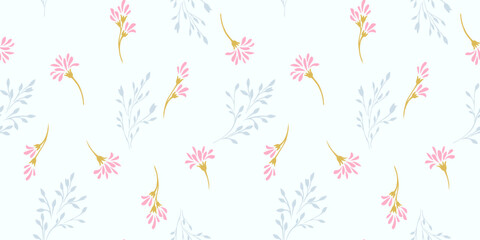 Fototapeta na wymiar Minimalist simple seamless pattern with tiny branches flowers with drops, spots. Cute creative shapes floral scattered randomly on a light background. Vector hand drawn sketch. Template for design