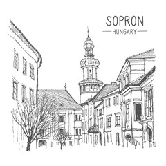 Travel sketch illustration of Sopron in the Kingdom of Hungary, Europe. Sketchy line art drawing with a pen on paper. Hand drawn. Urban sketch in black color isolated on white background. Vector