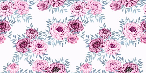 Artistic abstract blossoms flowers and leaves pattern on a white background. Vector hand drawn illustration. Gently pink stylized peonies, dahlias with green leaf printing. Template for design