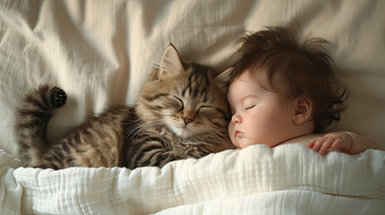 newborn baby is sleeping with cat. pet love