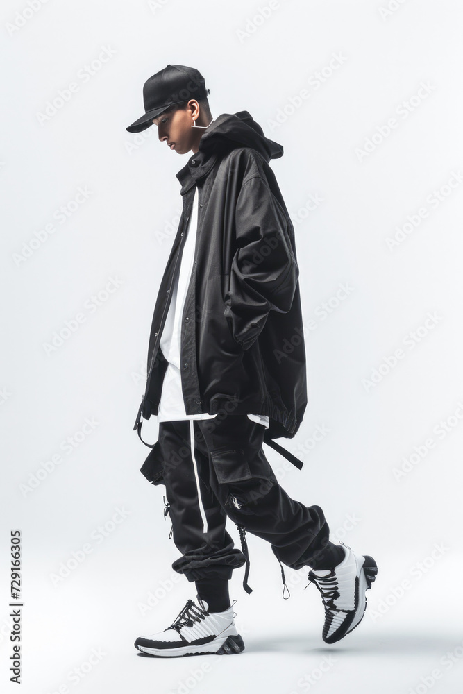 Wall mural man wearing Streetwear attire, walking forward, white background