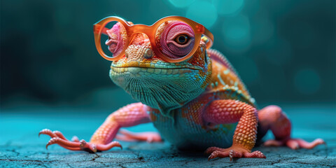 a colorful lizard wearing glasses is standing on a green background - obrazy, fototapety, plakaty
