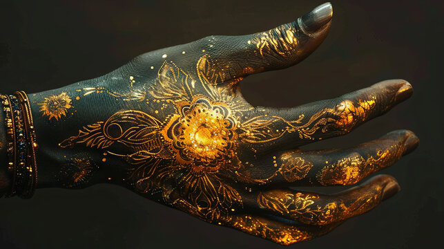 Palmistry is the pseudoscientific practice of fortune-telling through the study of the palm, black skin hand with gold decoration