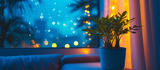 A potted plant with a view of the night scene through a window.