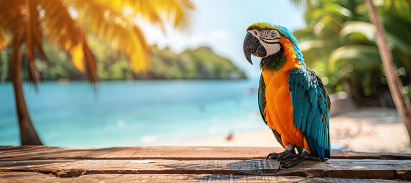 blue and yellow Macaw parrot on the tropical beach background