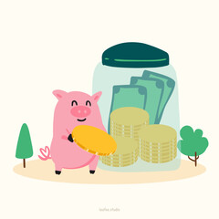 money piggy bank with coins and banknote, vector template