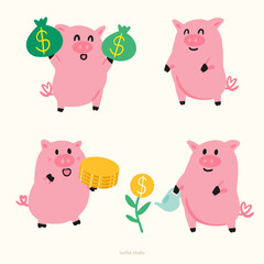 money piggy bank with coins and banknote, vector template