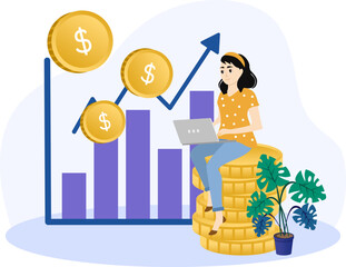 Salary illustration. Woman earning money from online. Female person sitting on money coins with laptop computer and graphics. Vector illustration.
