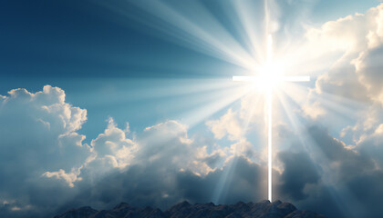 Recreation of a celestial white cross shining with blue sky and white clouds in background - obrazy, fototapety, plakaty