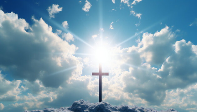 Recreation of a cross in a celestial sky with white clouds and potential lights