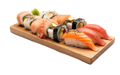 sushi set on wood tray on a White or Clear Surface PNG Transparent Background