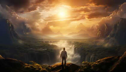 Recreation of a man from a celestial landscape with a grand canyon and the sun in a sky with clouds