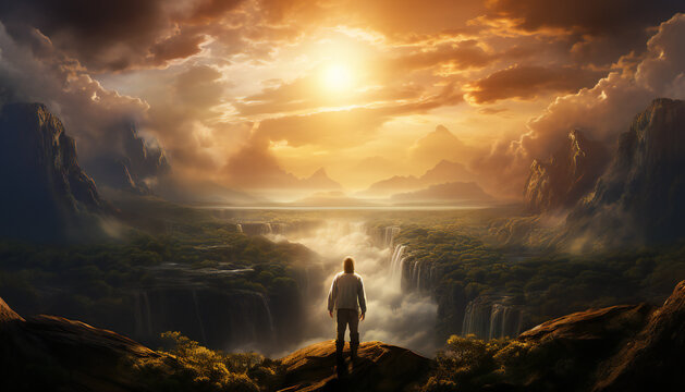 Recreation of a man from a celestial landscape with a grand canyon and the sun in a sky with clouds