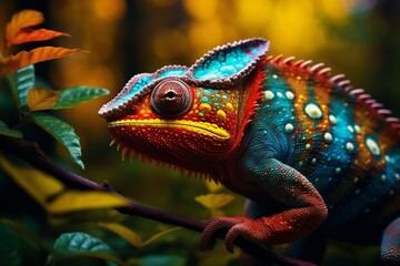 Obraz premium : A close-up of a chameleon blending seamlessly into the vibrant leaves of a tropical rainforest.
