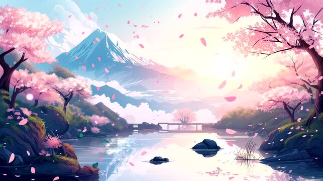 A tranquil Japanese garden adorned with cherry blossoms. Fantasy landscape anime or cartoon style, Seamless looping 4k time-lapse virtual video animation background
