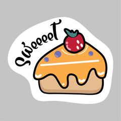 Food sticker of colorful set. This delightful cake-themed cartoon design illustration combines art and flavor to create a perfect representation of a breakfast favorite. Vector illustration.