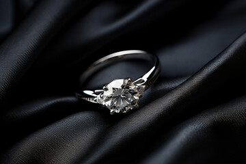 A beautiful diamond and platinum engagement ring presented on black silk cloth - obrazy, fototapety, plakaty