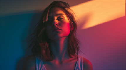 Young woman in a colorful interplay of shadows and light, creating a dramatic effect