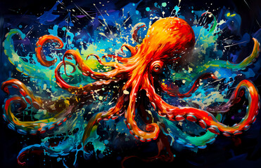 Fototapeta na wymiar Abstract color splash illustration art of dynamic action squid or octopus with sea wave in the style acrylic painting background.for animal inspiration concepts and design ideas.