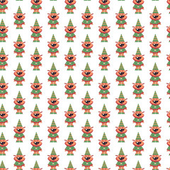 Funny Christmas elf vector cartoon seamless pattern background for wallpaper, wrapping, packing, and backdrop.