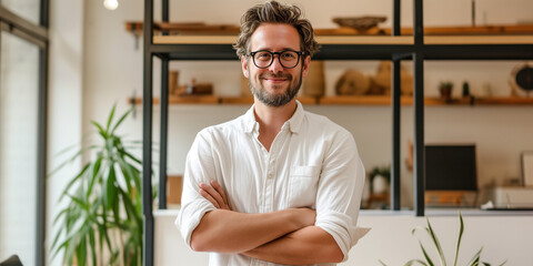 Casual young entrepreneur with glasses and a warm smile, arms crossed in a stylish office space - obrazy, fototapety, plakaty