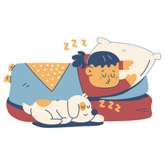Sleeping cute girl with dog vector cartoon illustration isolated on a white background.
