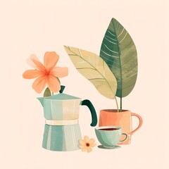 Watercolor flat illustration of a coffee pot with coffee. Icon in watercolor drawing style. Morning routine, coffee and flowers. Watercolor illustration.