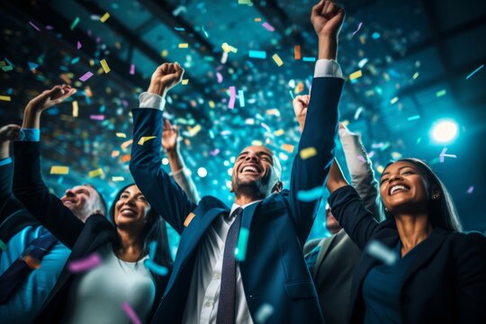 Celebration in office party diverse employees men women colleagues having fun meeting smiling festivity corporate event businessman teamwork confetti celebrating business achievements cooperation