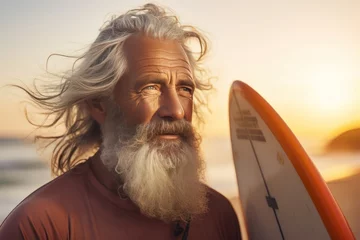  Senior man with long white beard holding surfboard on the beach at sunset. Sport concept. Vacation and Travel Concept with Copy Space. © John Martin