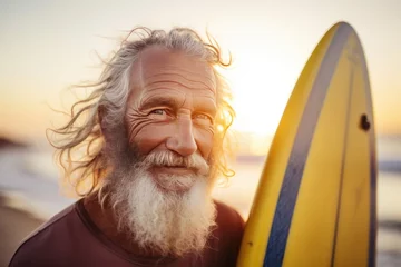 Raamstickers Portrait of smiling senior man with surfboard on beach at sunset. Sport concept. Vacation and Travel Concept with Copy Space. © John Martin