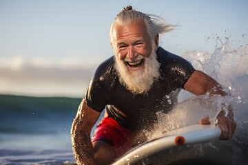 Portrait of happy senior man in wetsuit with surfboard in ocean. Sport concept. Vacation and Travel Concept with Copy Space.
