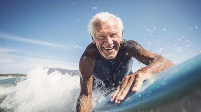 Portrait of senior man on surfboard at beach on a sunny day. Sport concept. Vacation and Travel Concept with Copy Space.