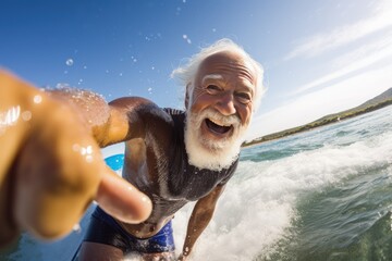 Portrait of senior man looking at camera while standing on surfboard. Sport concept. Vacation and...