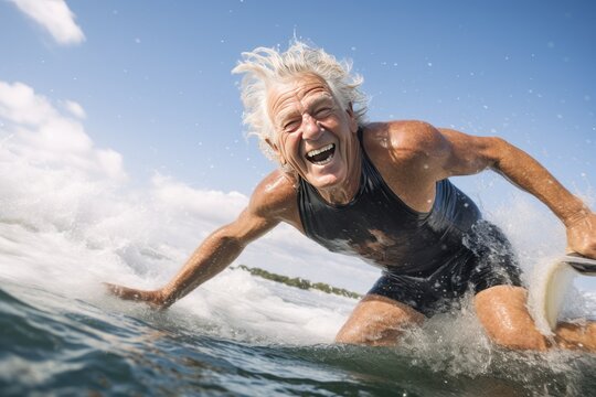 Senior man surfing in ocean on a sunny day - Active senior people concept. Sport concept. Vacation and Travel Concept with Copy Space.