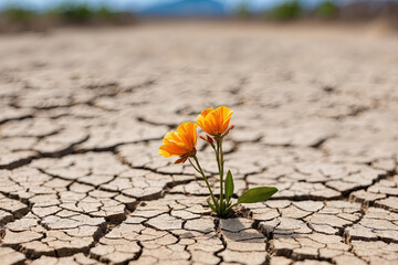 Yellow flowers growing on dry ground with cracks. Global warming. dry season. environmental threat, climate crisis, nature conservation concept. Save the Earth.