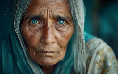 Old Woman With Blue Eyes Gazes Into Camera - obrazy, fototapety, plakaty