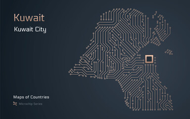 Kuwait Map with a capital of Kuwait City Shown in a Microchip Pattern with processor. E-government. World Countries vector maps. Microchip Series	
