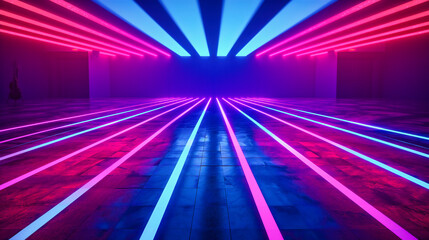 Vibrant neon lights in a futuristic setting, creating an electrifying and modern atmosphere with bright colors and geometric patterns