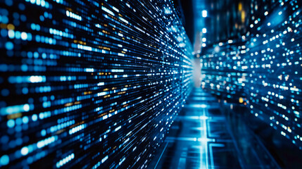 Futuristic technology and computing concept with glowing blue network lines, symbolizing advanced digital communication in a cybernetic space