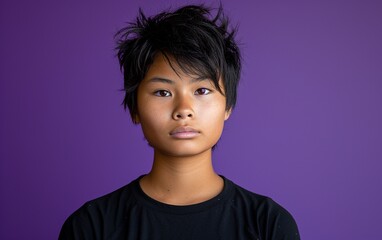 Young Boy With Black Shirt and Purple Background