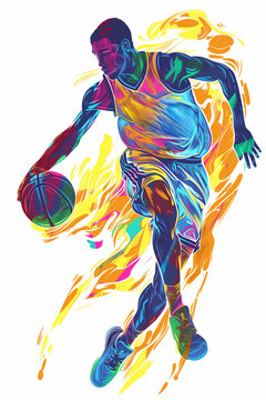 American male basket ball player in action in an abstract colourful painting which could be used as a poster or flyer, stock illustration image 