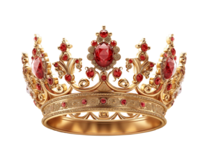Golden crown with red gemstones isolated on transparent background. Generative AI