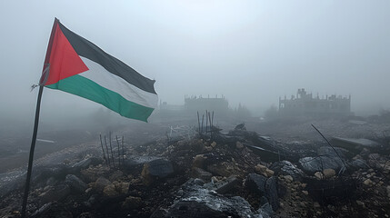 Palestinian flags in the rubble, demonstrating resilience and spirit amidst challenges.