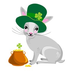 Cute bunny in St. Patrick's Day leprechaun hat. Irish holiday. Cartoon design for cards, decor, shirt, invitation, print, fashion, clothing, fabric, gift wrap, face mask.  illustration.