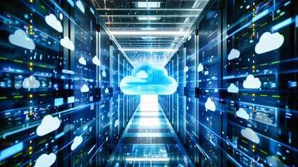 Cloud networking technology with digital elements, representing secure and global communication in a futuristic and interconnected cyber world